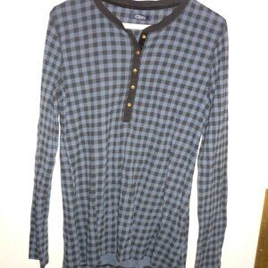 Chaps Shirt Womens Small Black Blue Gingham Check Henley Stretch Top Blouse